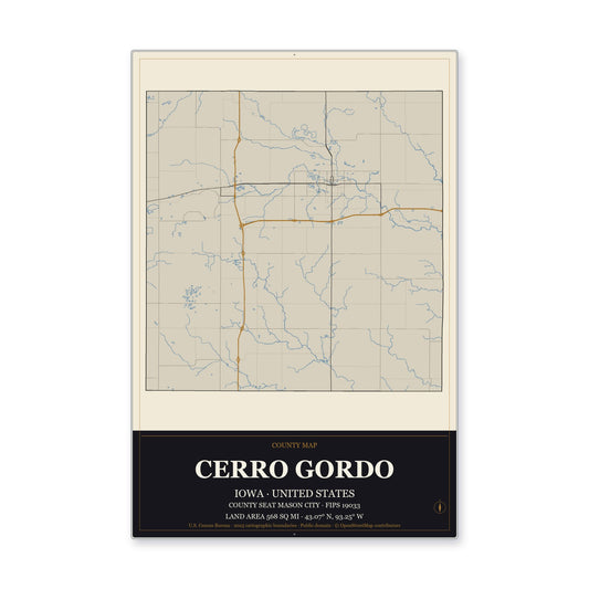 Cerro Gordo County, Iowa Map Aluminum Sign in Museum Plaque style