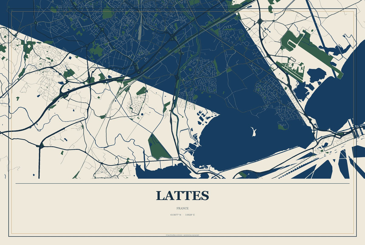 Lattes, France City Map Aluminum Sign in Coastal Cutout style