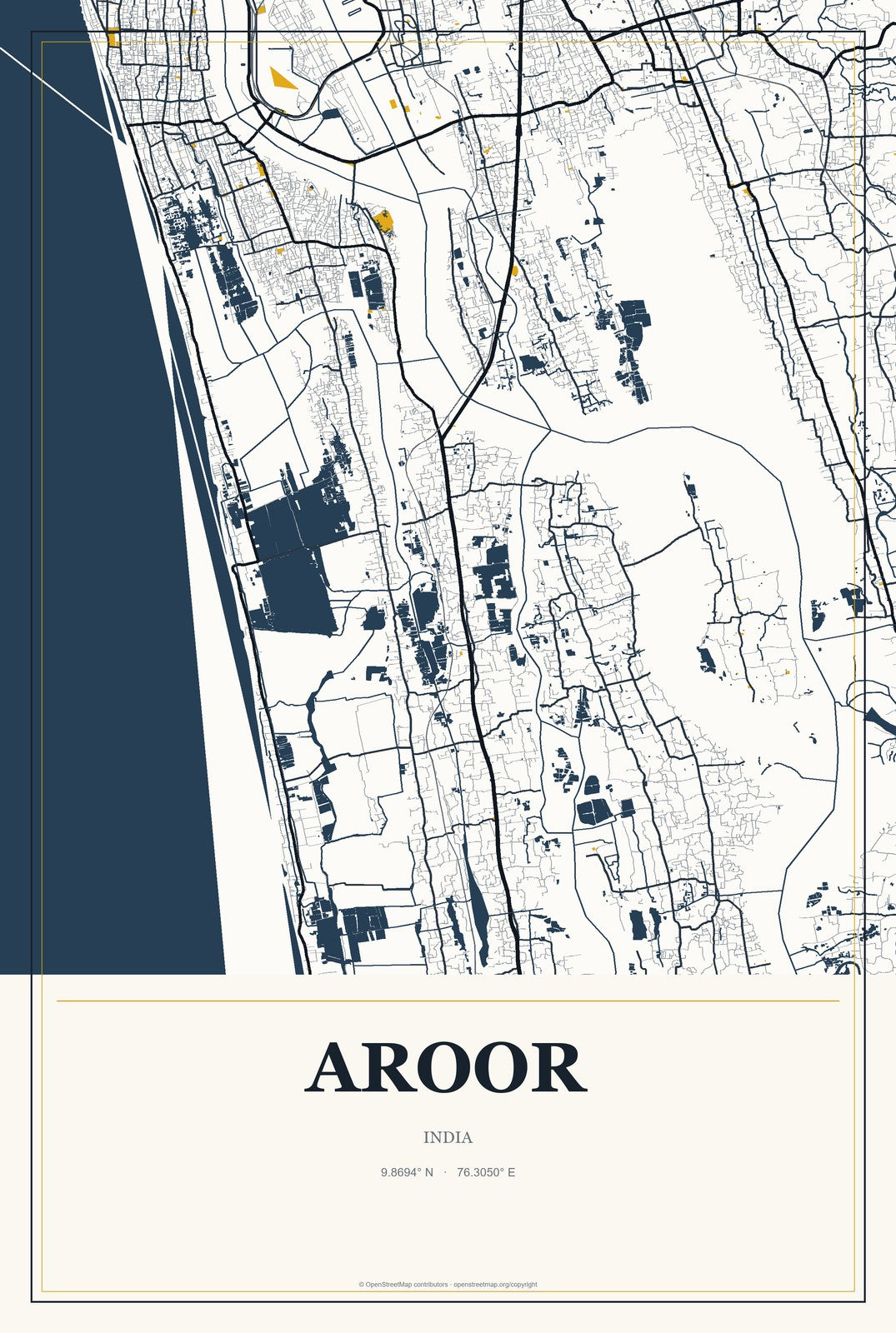 Aroor, India City Map Aluminum Sign in Citrine Modern style