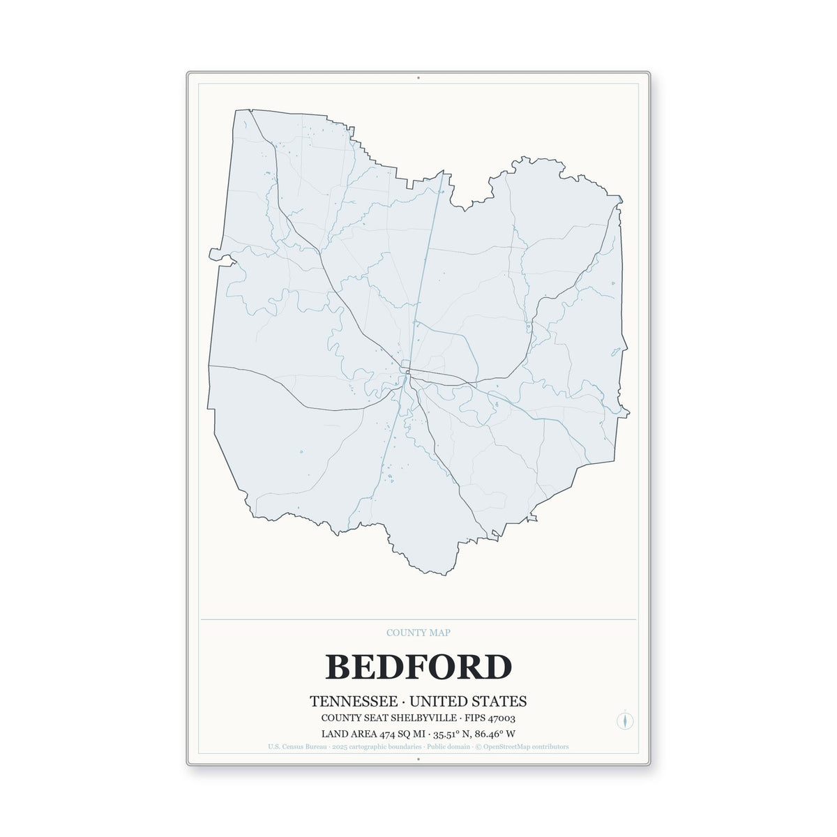 Bedford County, Tennessee Map Aluminum Sign in Gallery Air style