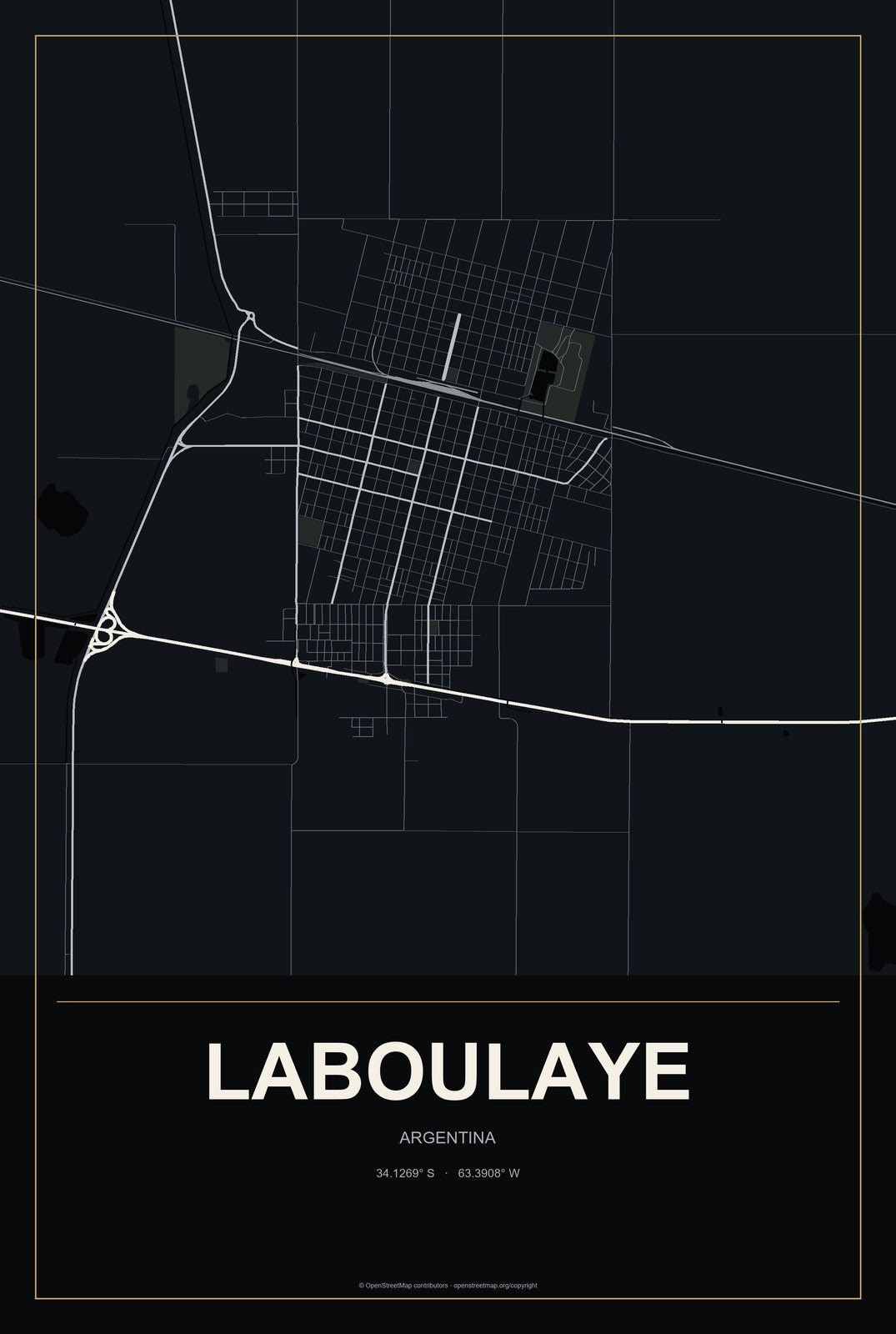 Laboulaye, Argentina City Map Aluminum Sign in Metropolitan Noir style