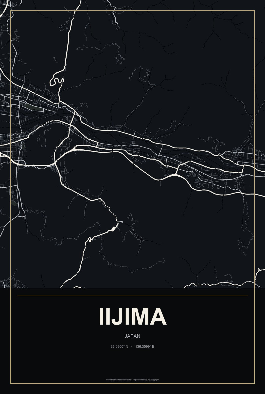 Iijima, Japan City Map Aluminum Sign in Metropolitan Noir style
