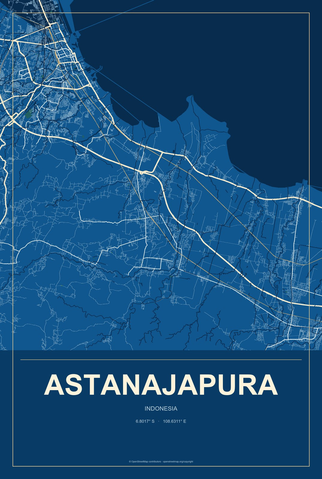 Astanajapura, Indonesia City Map Aluminum Sign in Harbor Cobalt style