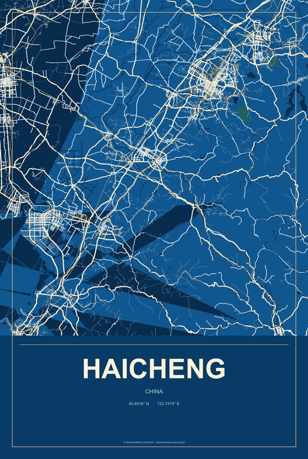 Haicheng, China City Map Aluminum Sign in Harbor Cobalt style