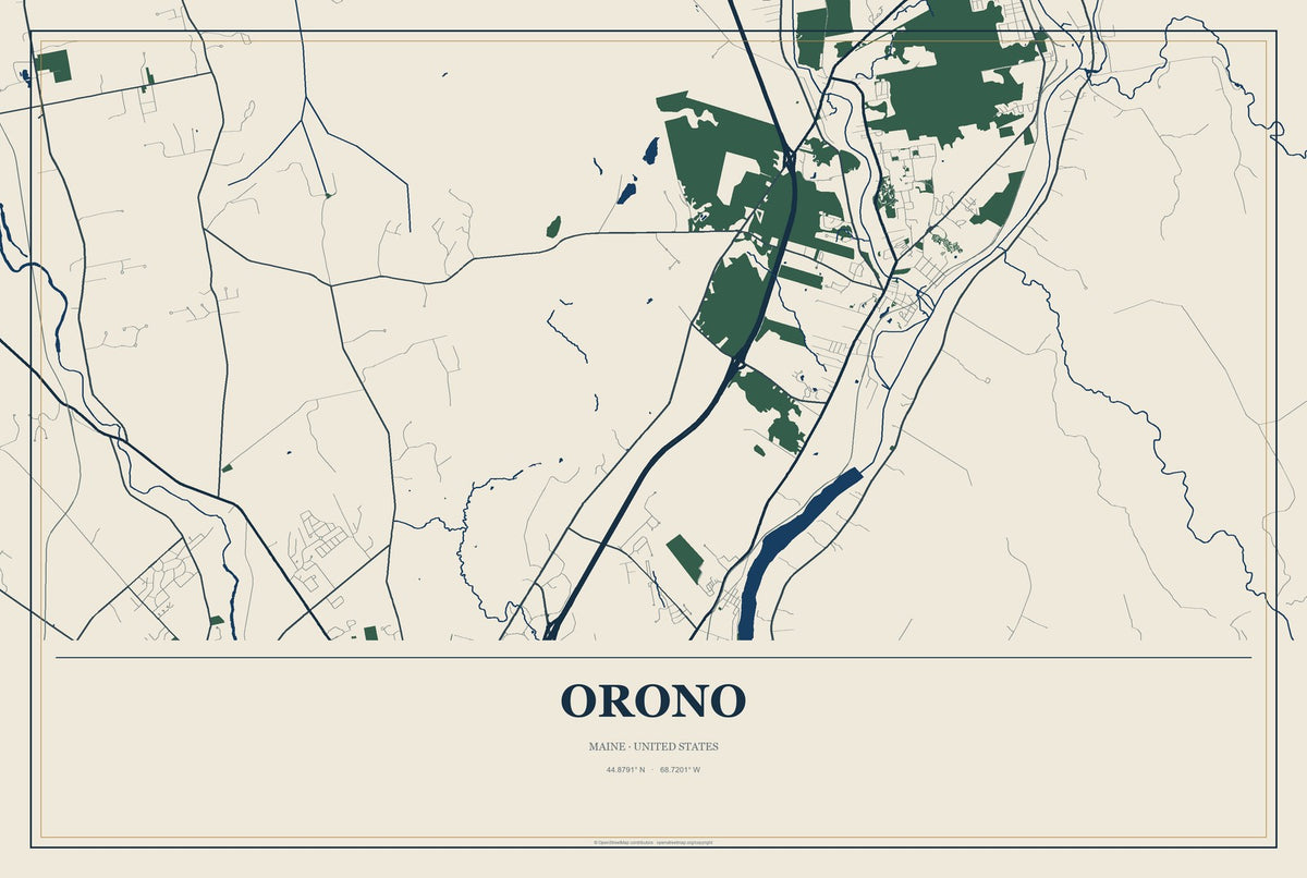 Orono, Maine City Map Aluminum Sign in Coastal Cutout style
