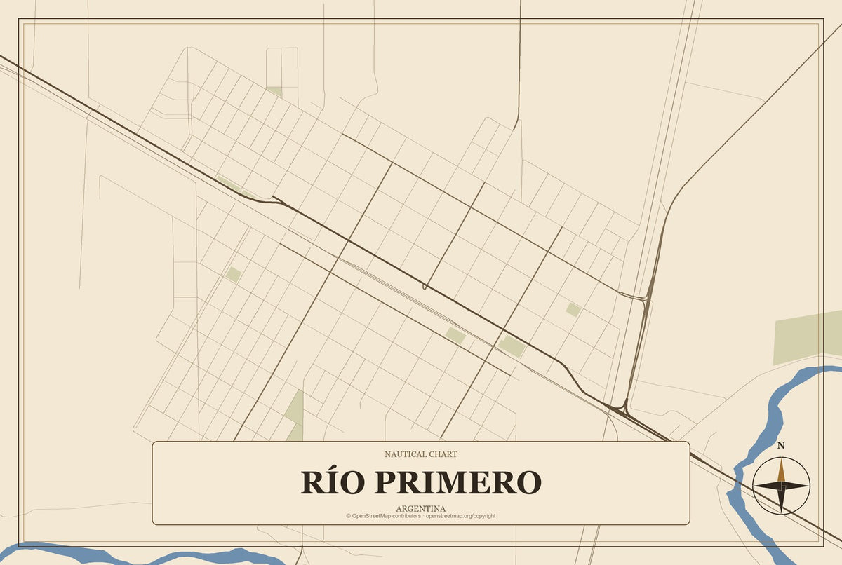 Río Primero, Argentina City Map Aluminum Sign in Heritage Nautical style