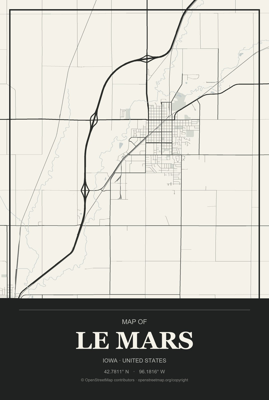 Le Mars, Iowa City Map Aluminum Sign in Museum Plaque style