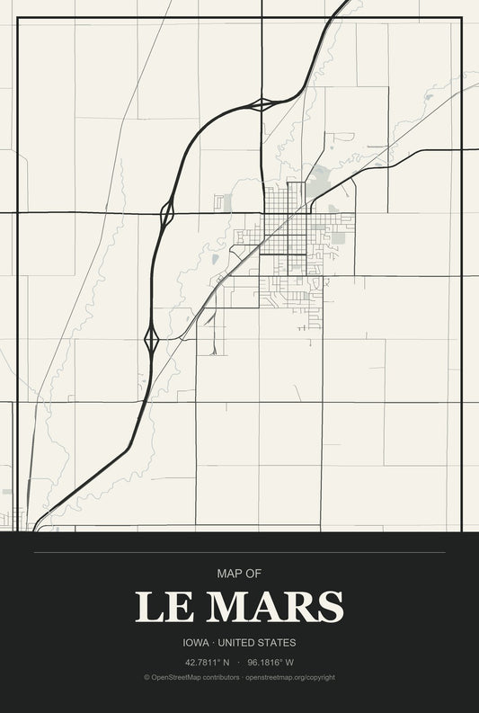 Le Mars, Iowa City Map Aluminum Sign in Museum Plaque style