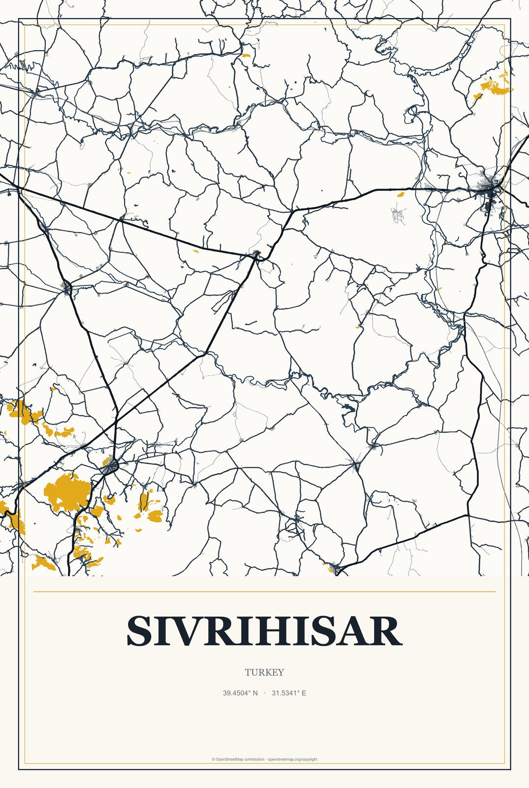 Sivrihisar, Turkey City Map Aluminum Sign in Citrine Modern style