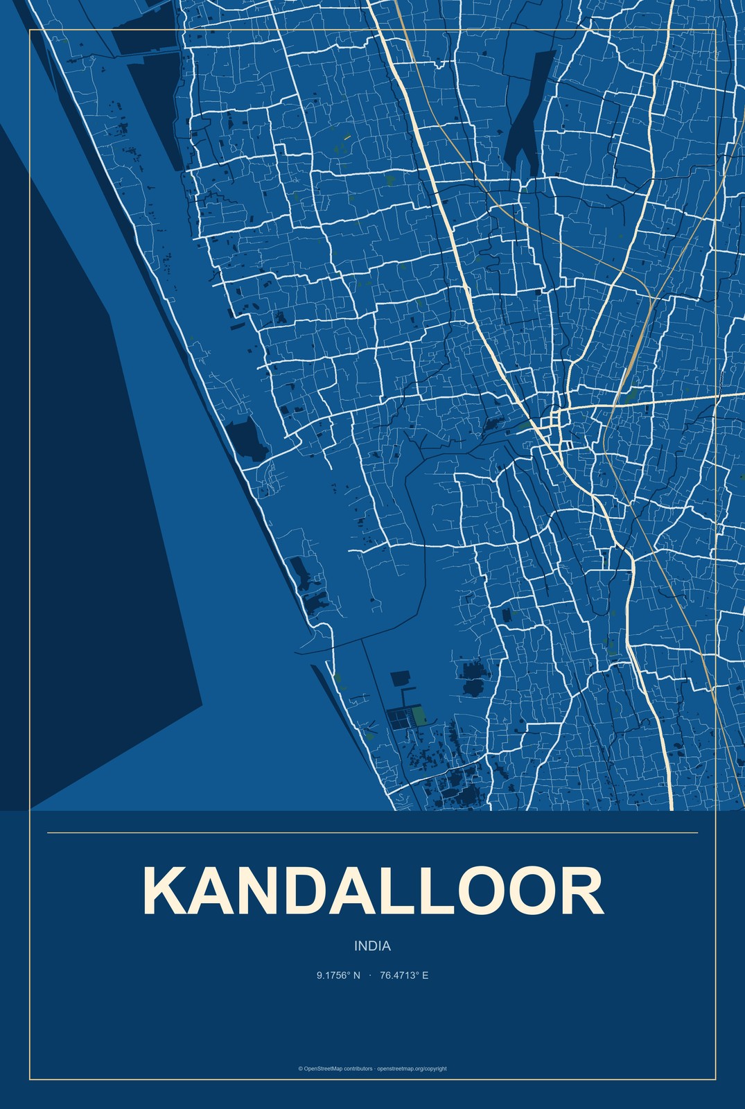 Kandalloor, India City Map Aluminum Sign in Harbor Cobalt style