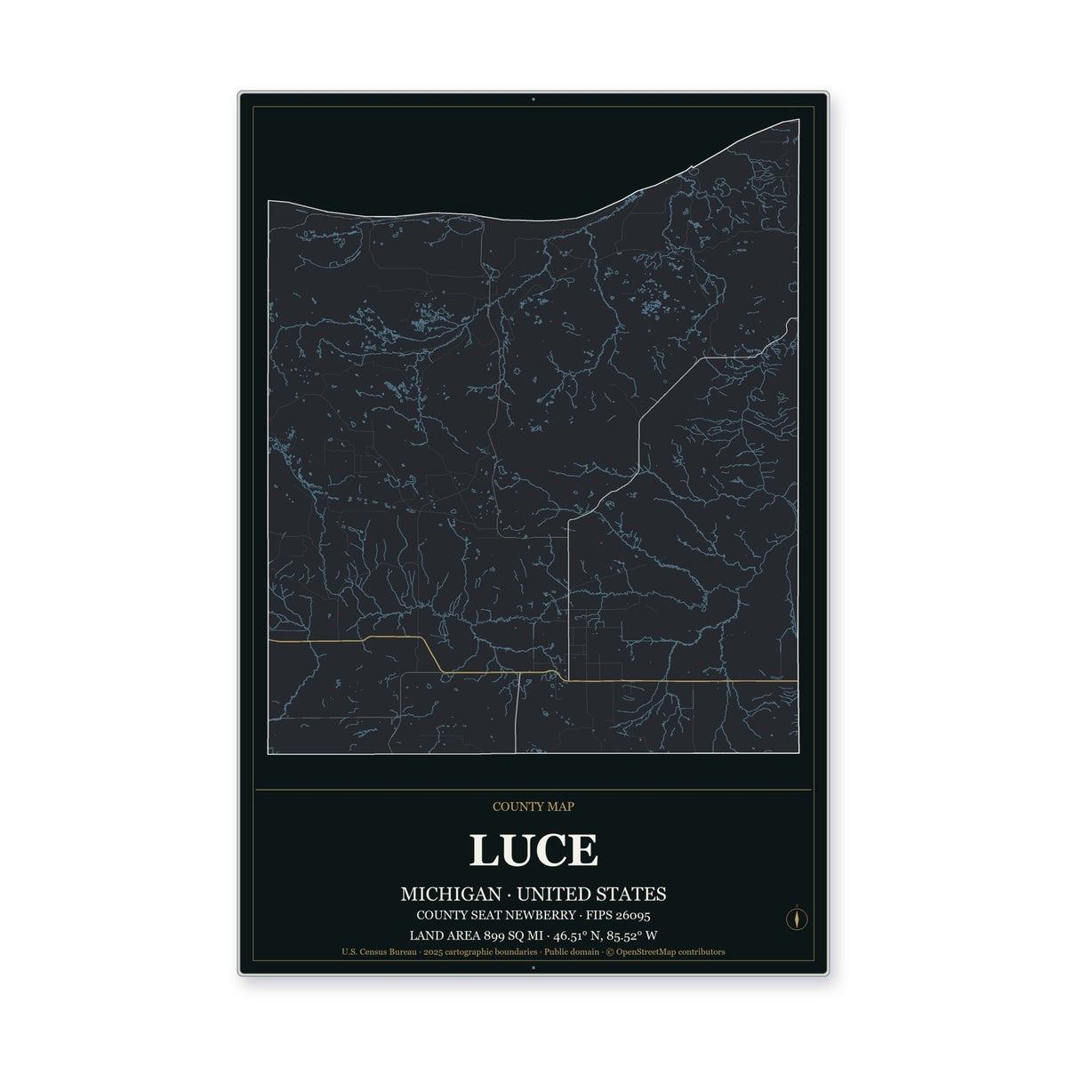 Luce County, Michigan Map Aluminum Sign in Metropolitan Noir style