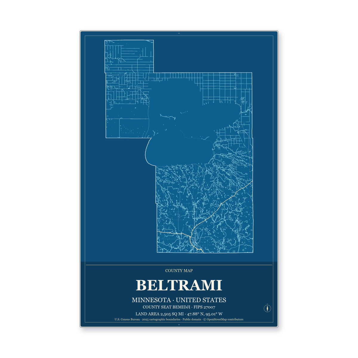 Beltrami County, Minnesota Map Aluminum Sign in Harbor Cobalt style