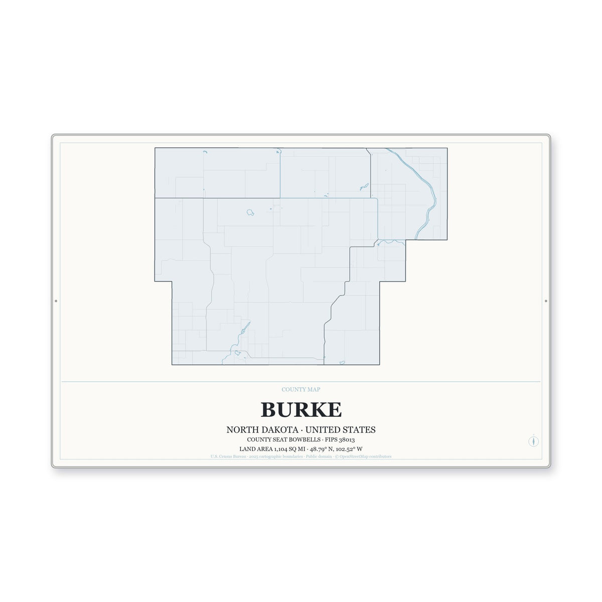 Burke County, North Dakota Map Aluminum Sign in Gallery Air style