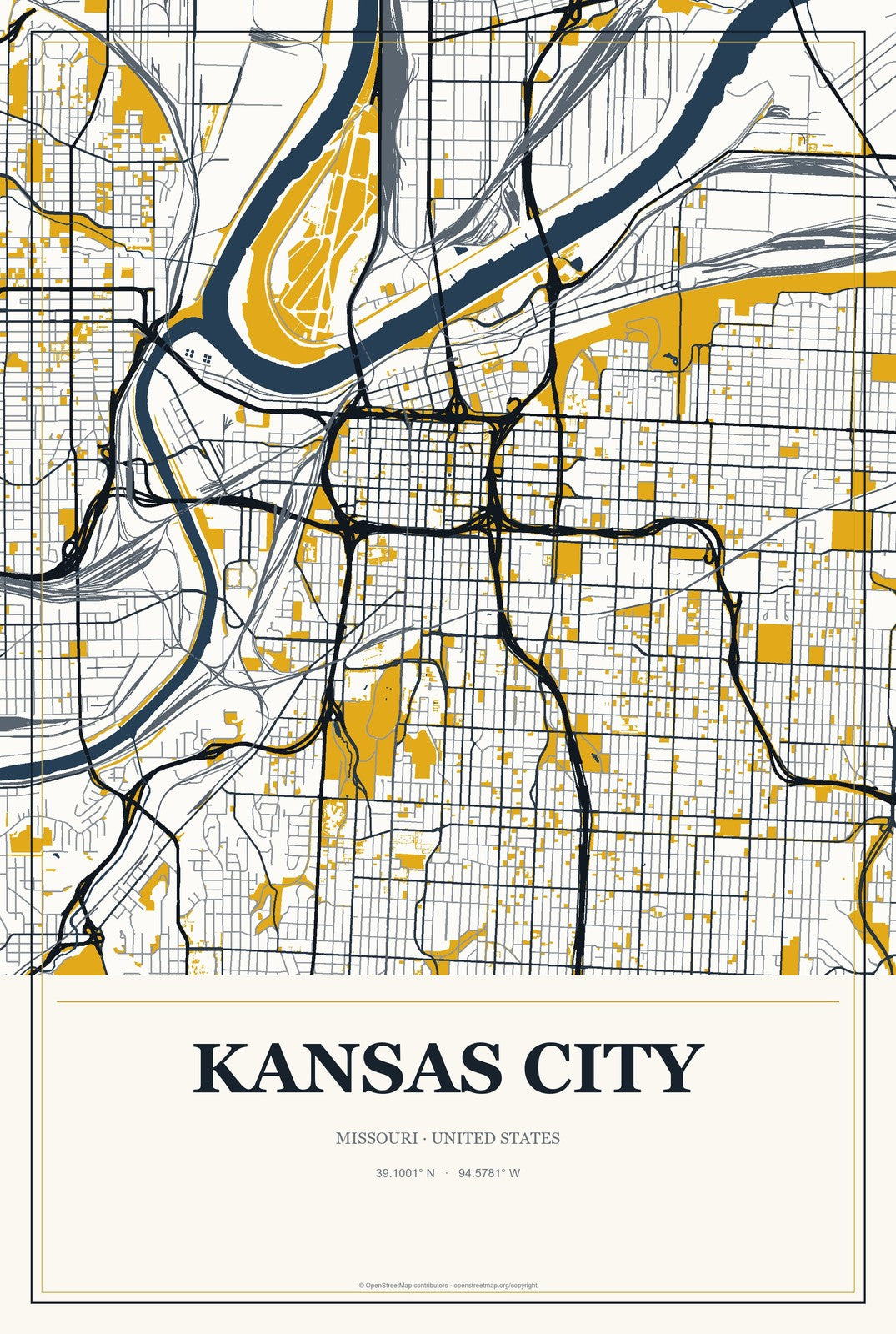 Kansas City, Missouri City Map Aluminum Sign in Citrine Modern style