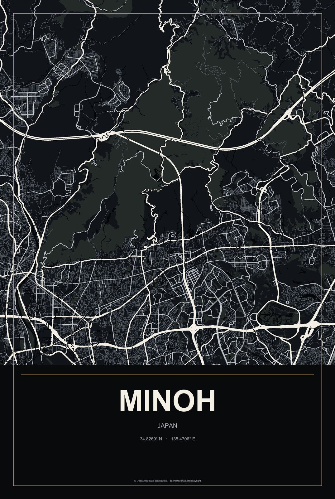 Minoh, Japan City Map Aluminum Sign in Metropolitan Noir style