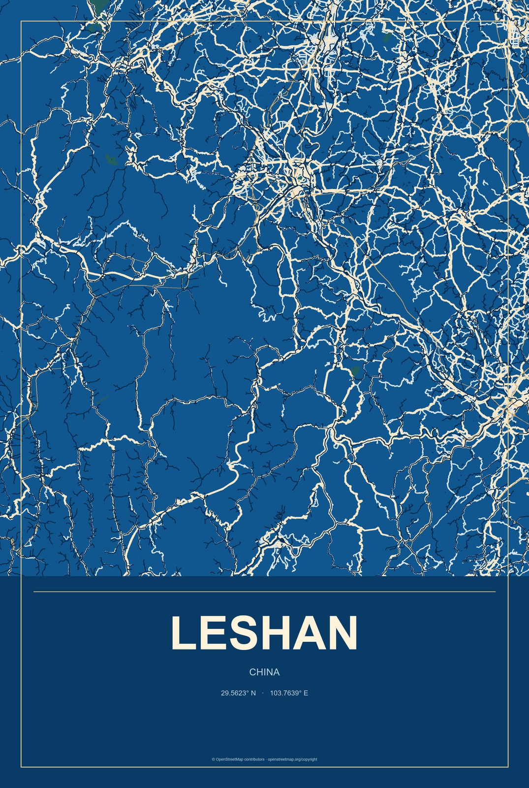 Leshan, China City Map Aluminum Sign in Harbor Cobalt style