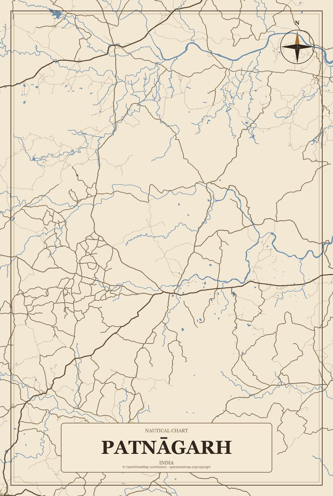 Patnāgarh, India City Map Aluminum Sign in Heritage Nautical style