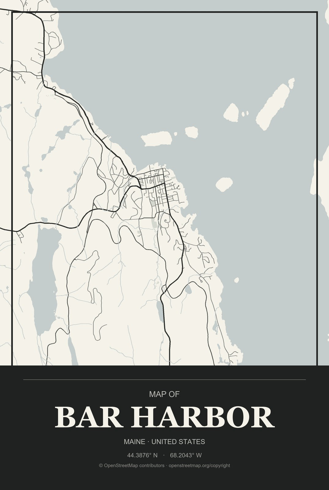 Bar Harbor, Maine City Map Aluminum Sign in Museum Plaque style