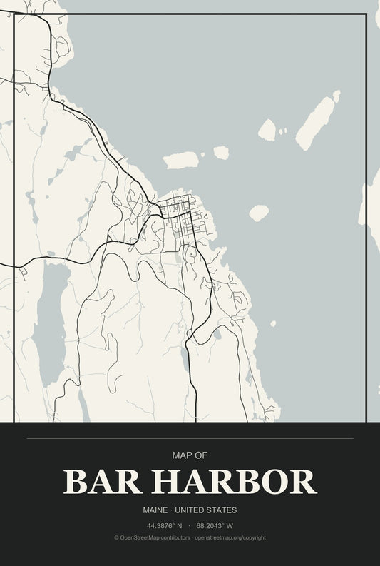 Bar Harbor, Maine City Map Aluminum Sign in Museum Plaque style