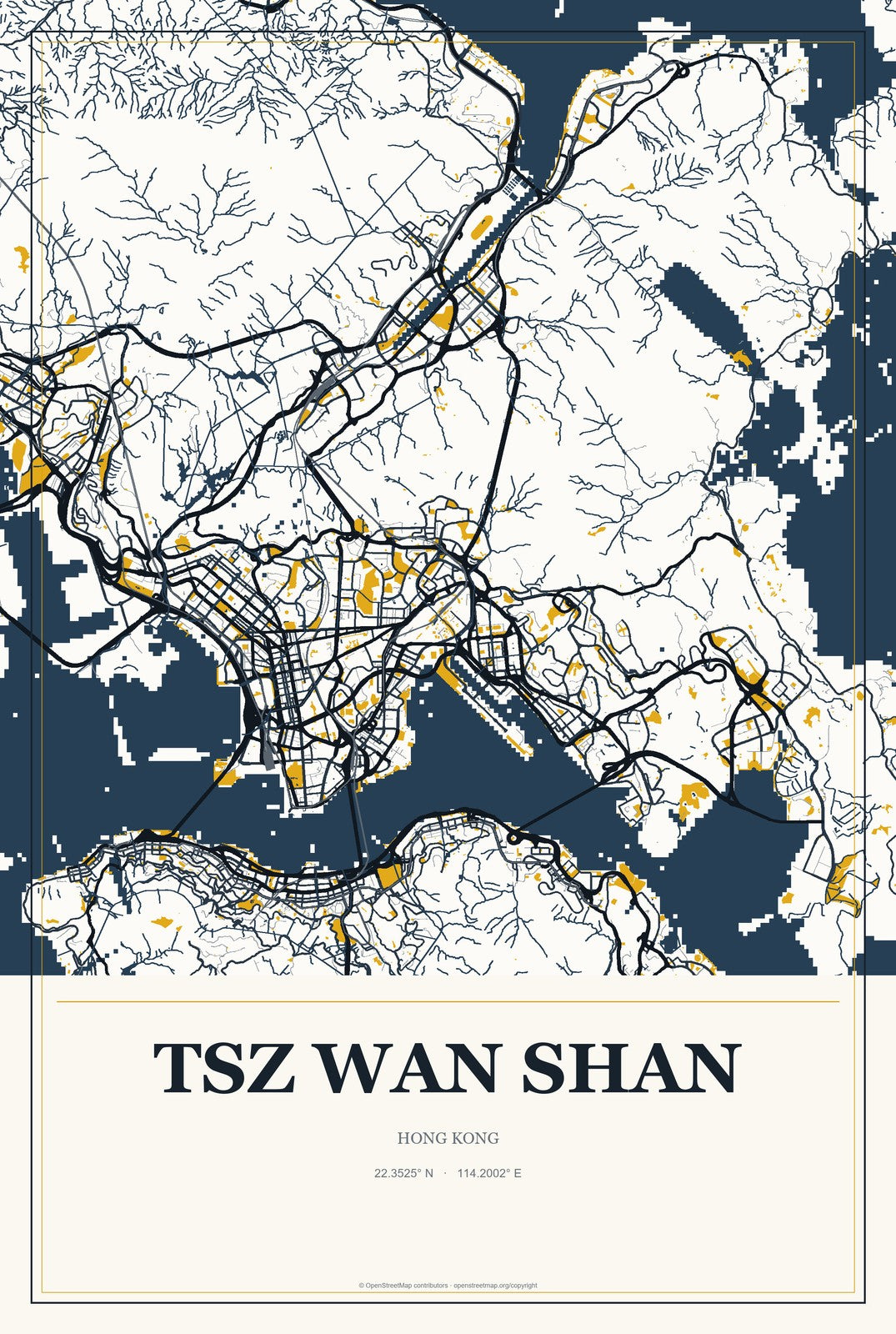 Tsz Wan Shan, Hong Kong City Map Aluminum Sign in Citrine Modern style