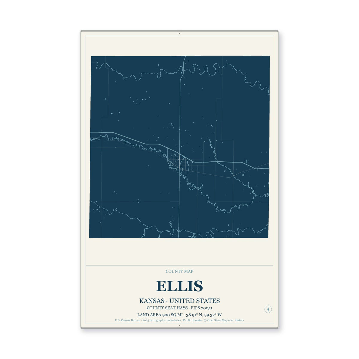 Ellis County, Kansas Map Aluminum Sign in Coastal Cutout style
