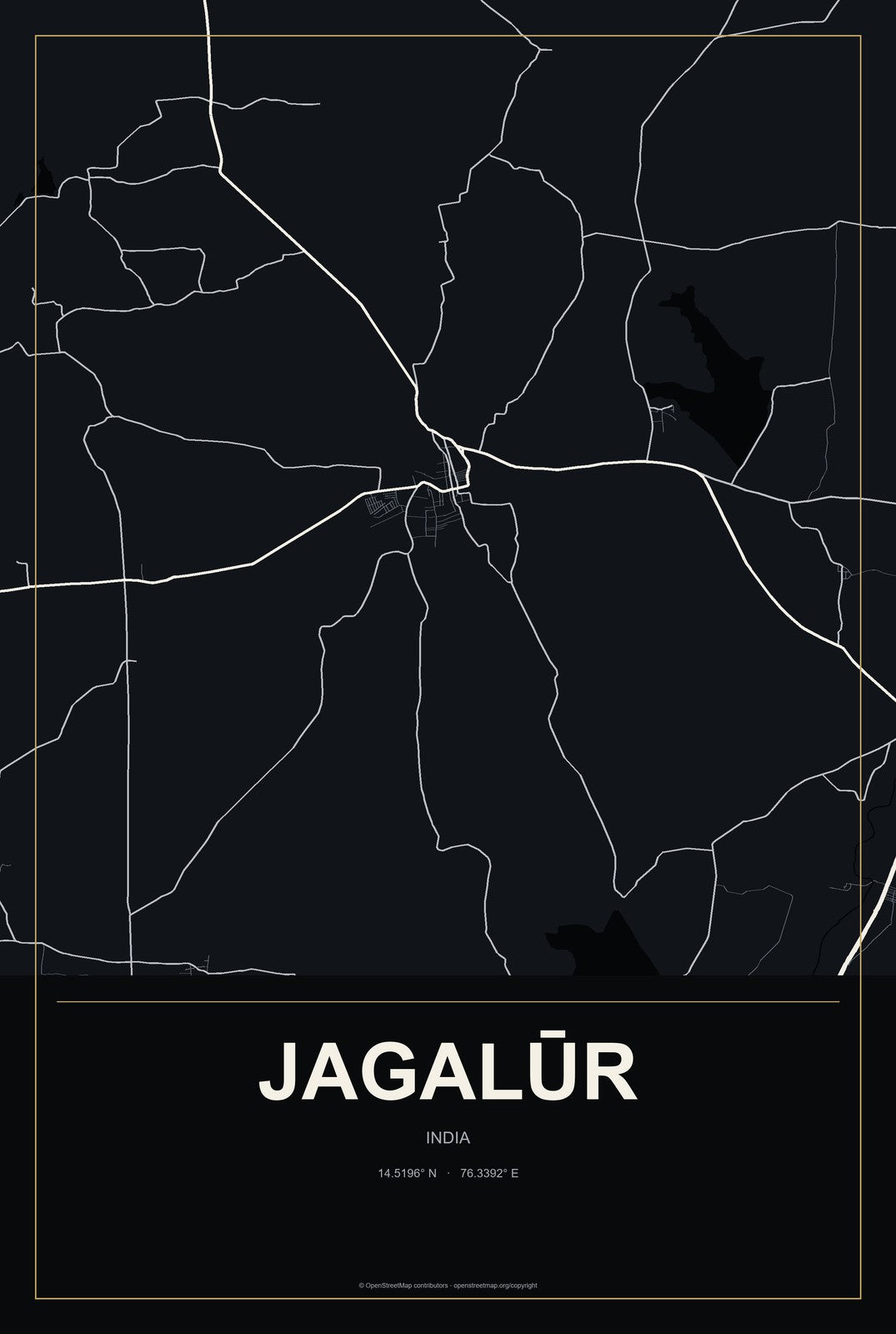 Jagalūr, India City Map Aluminum Sign in Metropolitan Noir style