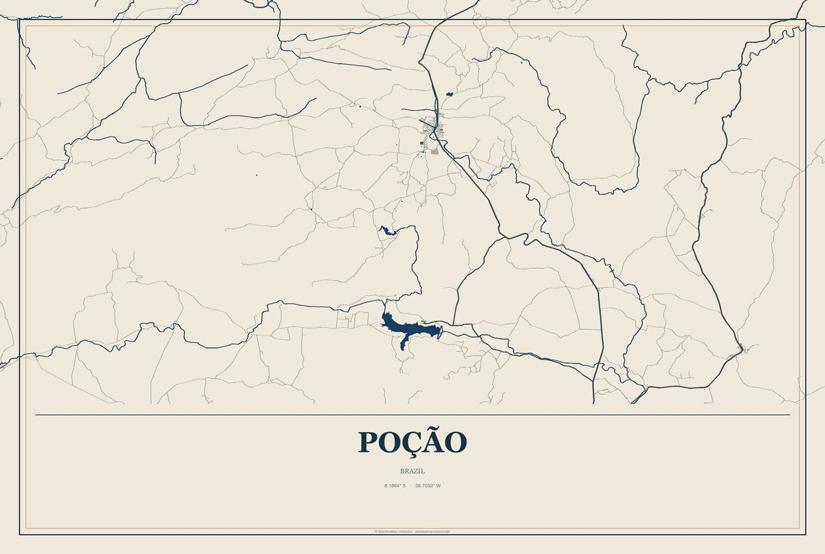 Poção, Brazil City Map Aluminum Sign in Coastal Cutout style