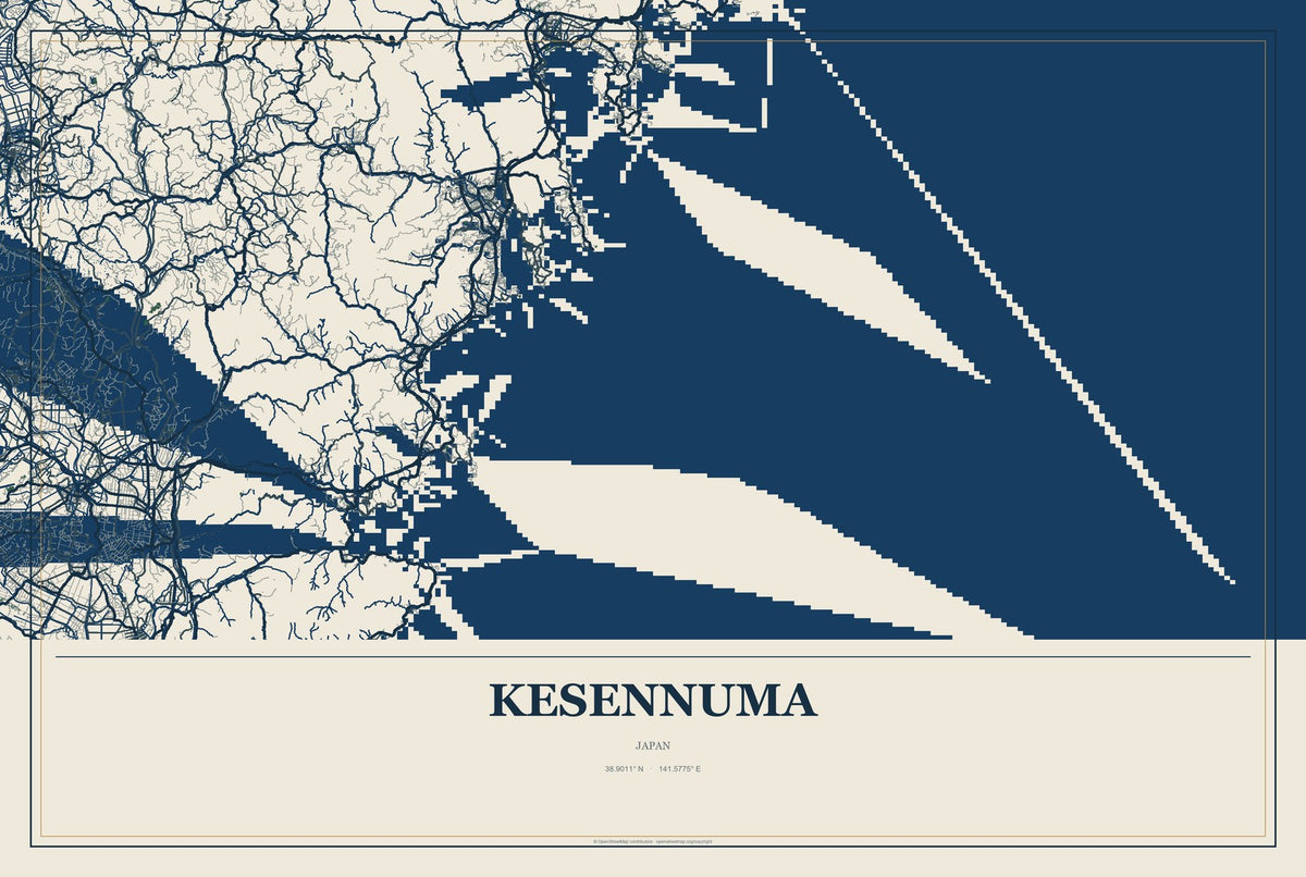 Kesennuma, Japan City Map Aluminum Sign in Coastal Cutout style