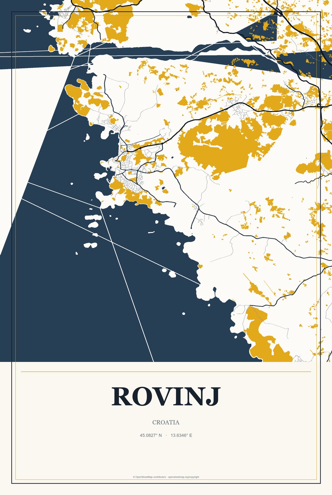 Rovinj, Croatia City Map Aluminum Sign in Citrine Modern style