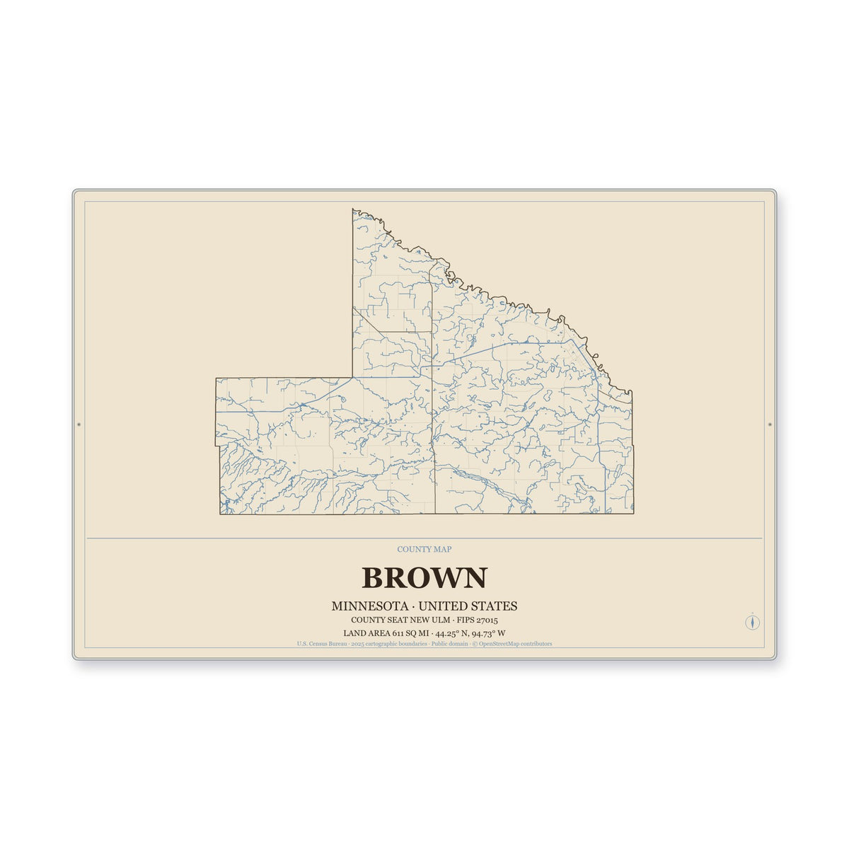 Brown County, Minnesota Map Aluminum Sign in Heritage Nautical style