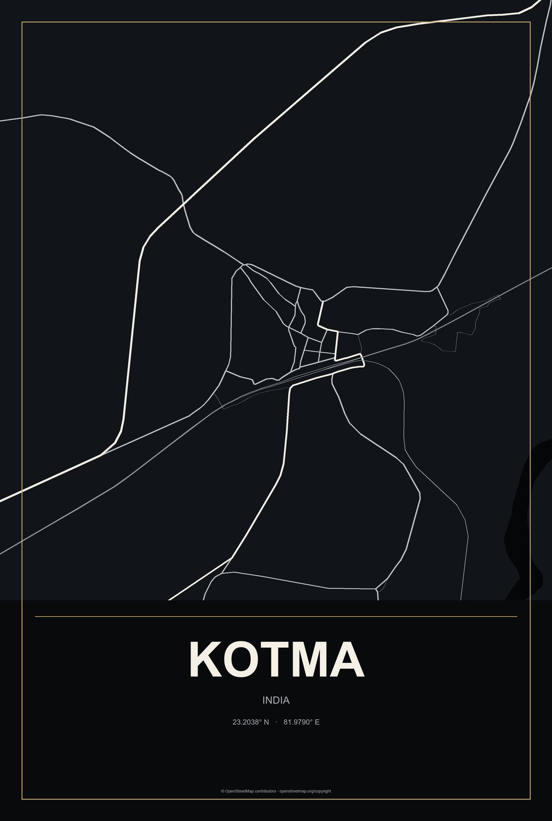 Kotma, India City Map Aluminum Sign in Metropolitan Noir style