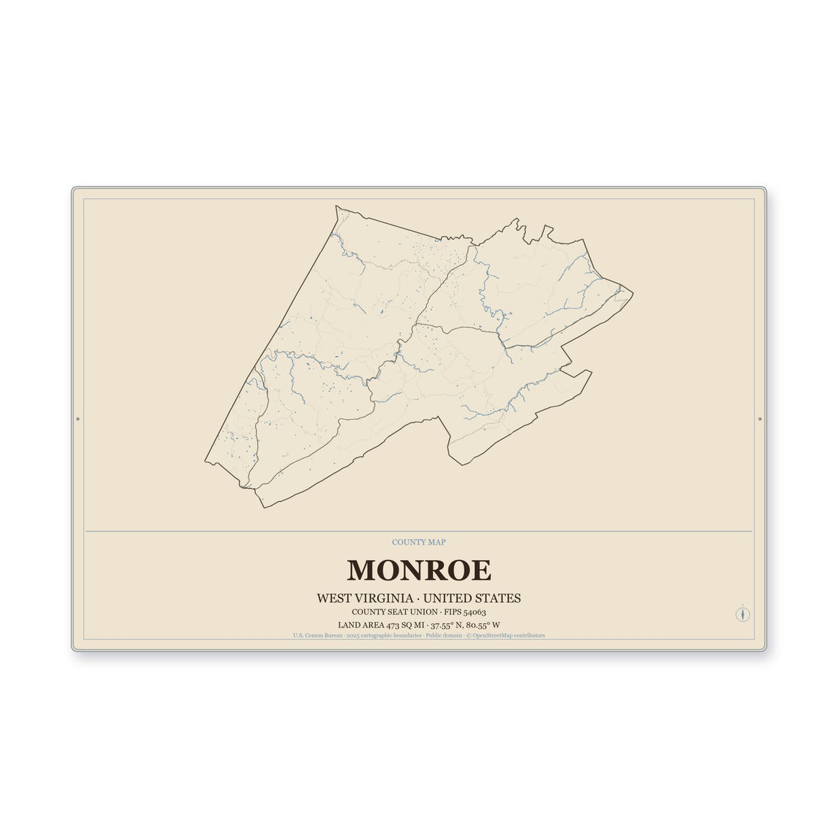 Monroe County, West Virginia Map Aluminum Sign in Heritage Nautical style