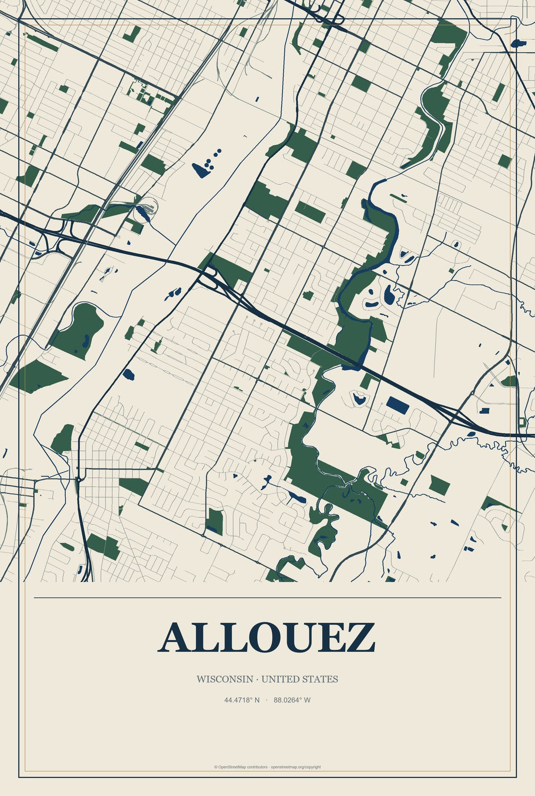 Allouez, Wisconsin City Map Aluminum Sign in Coastal Cutout style