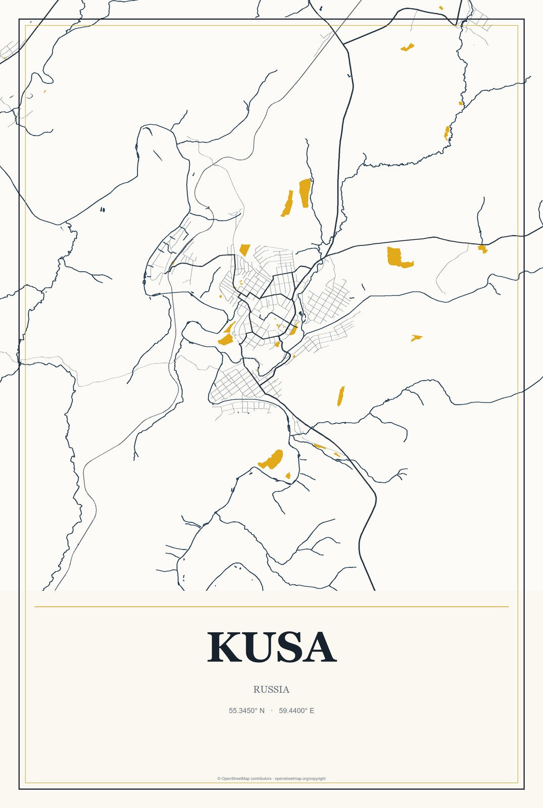 Kusa, Russia City Map Aluminum Sign in Citrine Modern style