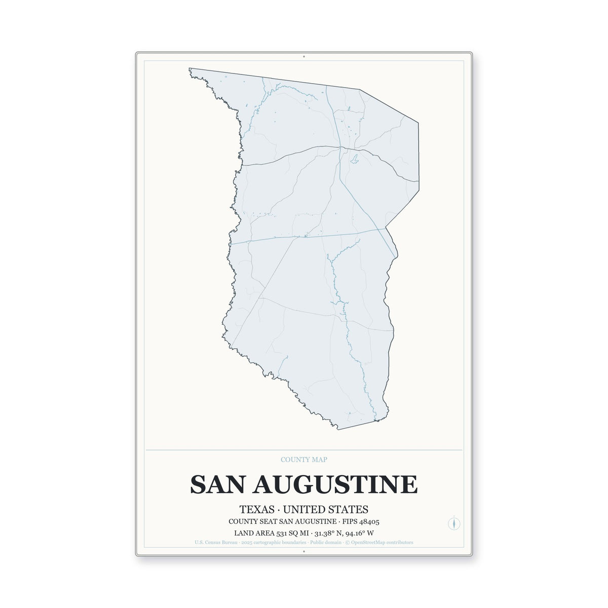 San Augustine County, Texas Map Aluminum Sign in Gallery Air style