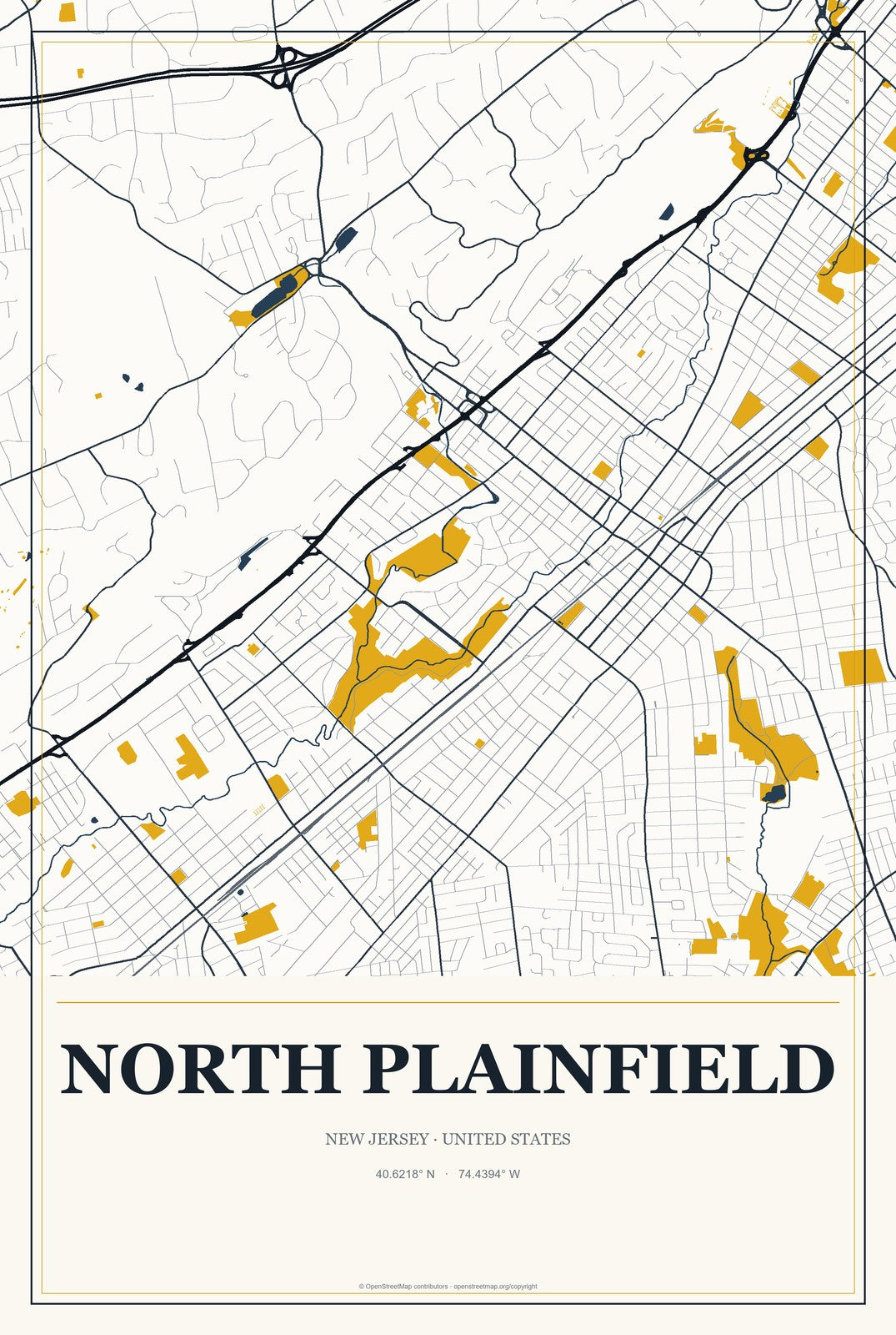North Plainfield, New Jersey City Map Aluminum Sign in Citrine Modern style
