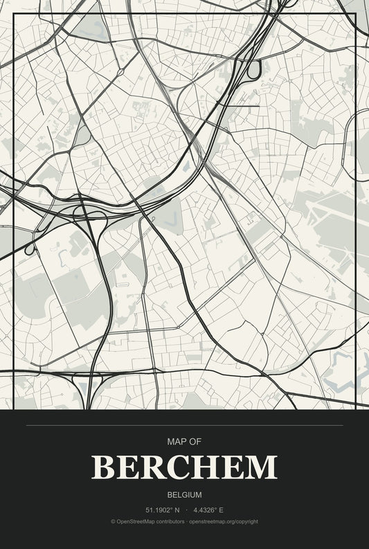 Berchem, Belgium City Map Aluminum Sign in Museum Plaque style