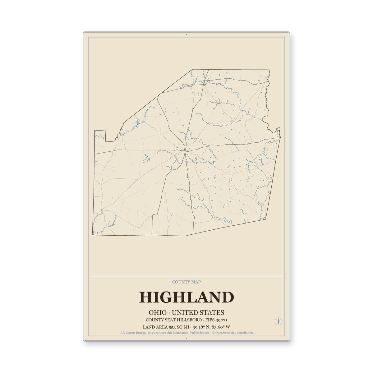 Highland County, Ohio Map Aluminum Sign in Heritage Nautical style