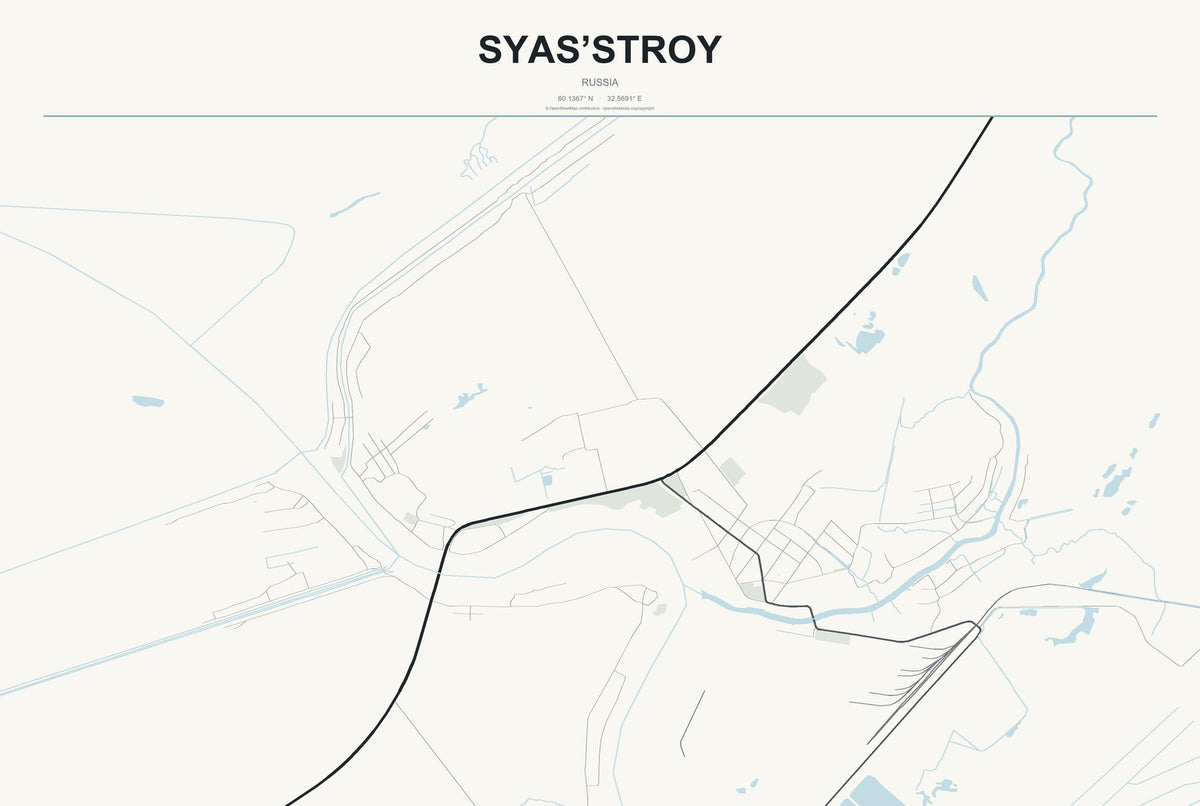 Syas’stroy, Russia City Map Aluminum Sign in Headline Atlas style