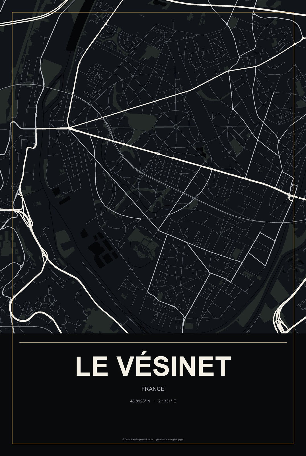 Le Vésinet, France City Map Aluminum Sign in Metropolitan Noir style