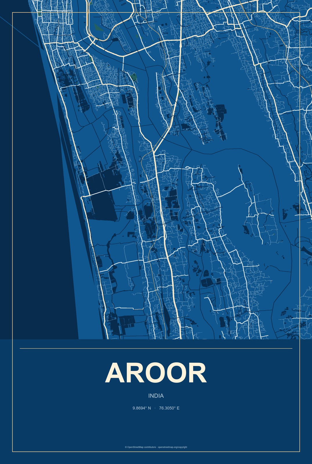 Aroor, India City Map Aluminum Sign in Harbor Cobalt style