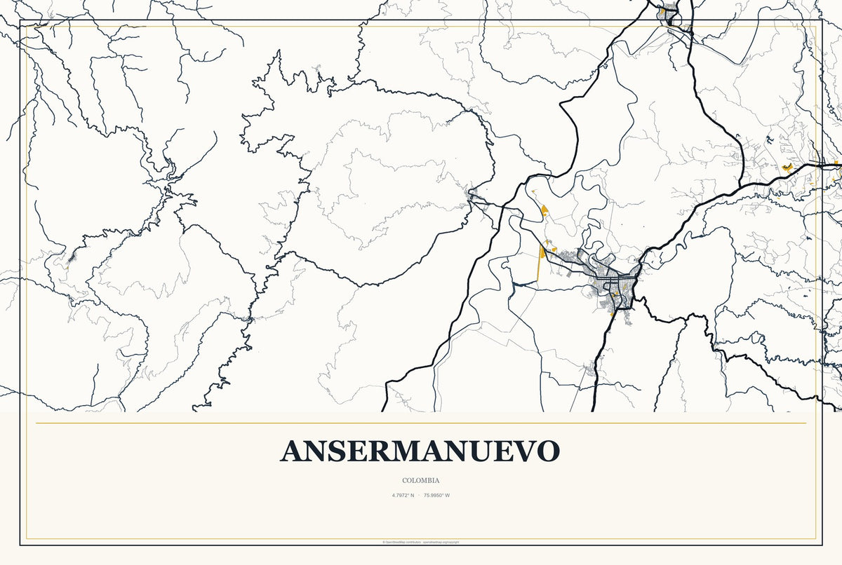 Ansermanuevo, Colombia City Map Aluminum Sign in Citrine Modern style