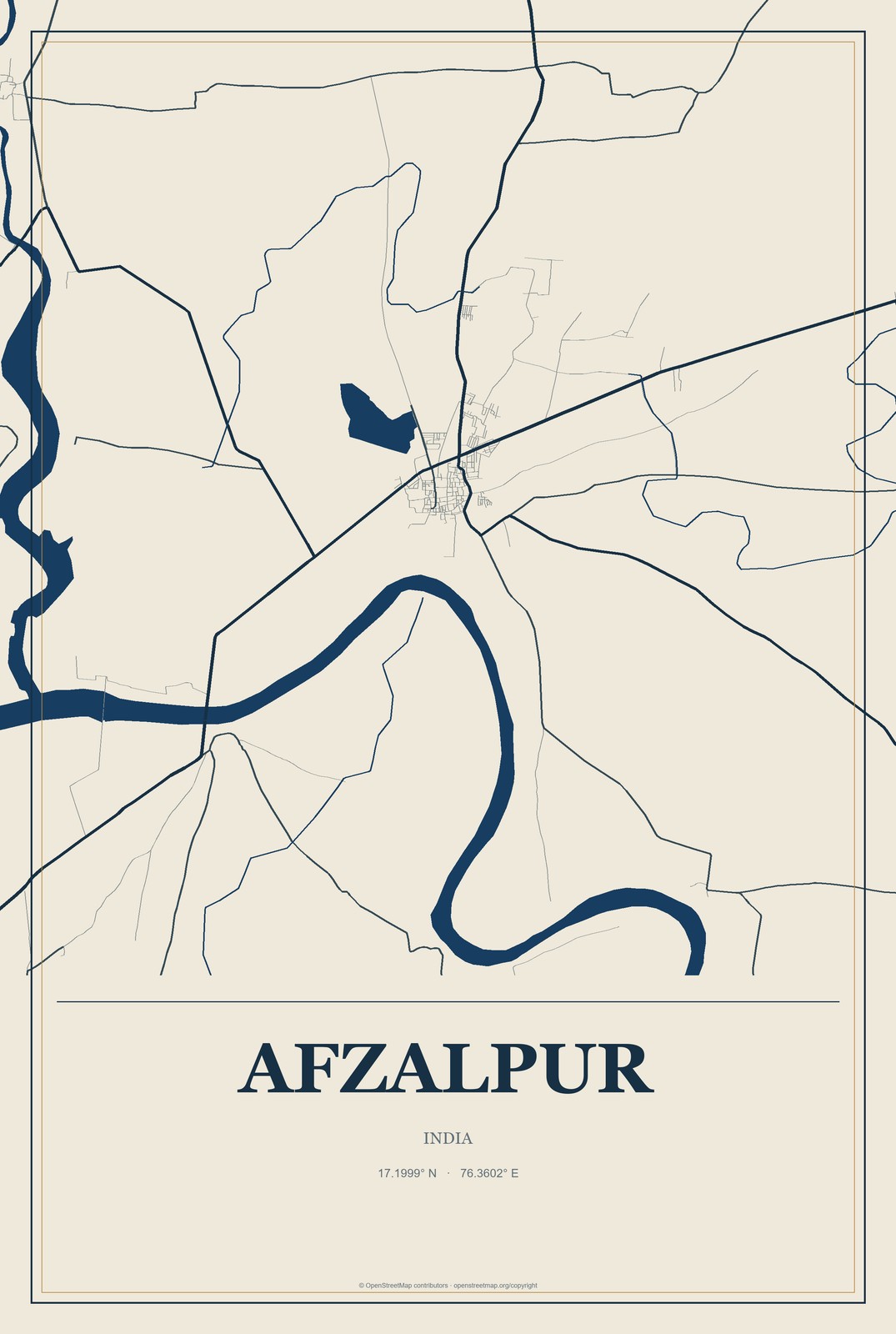 Afzalpur, India City Map Aluminum Sign in Coastal Cutout style
