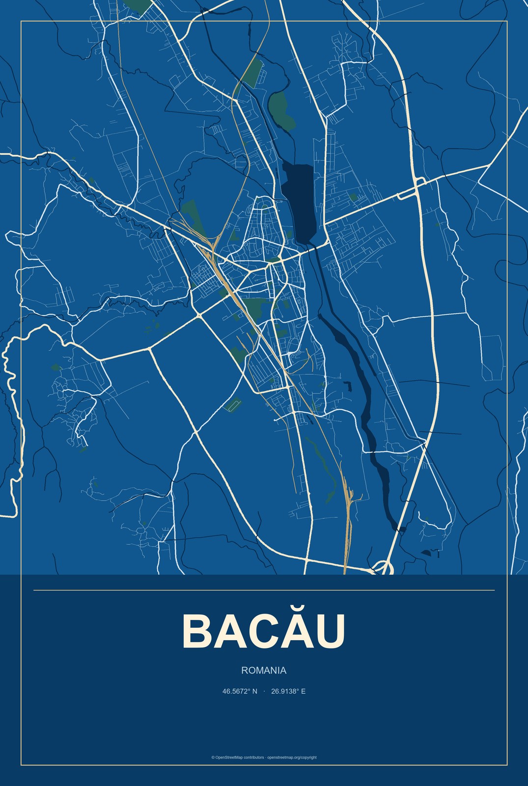 Bacău, Romania City Map Aluminum Sign in Harbor Cobalt style