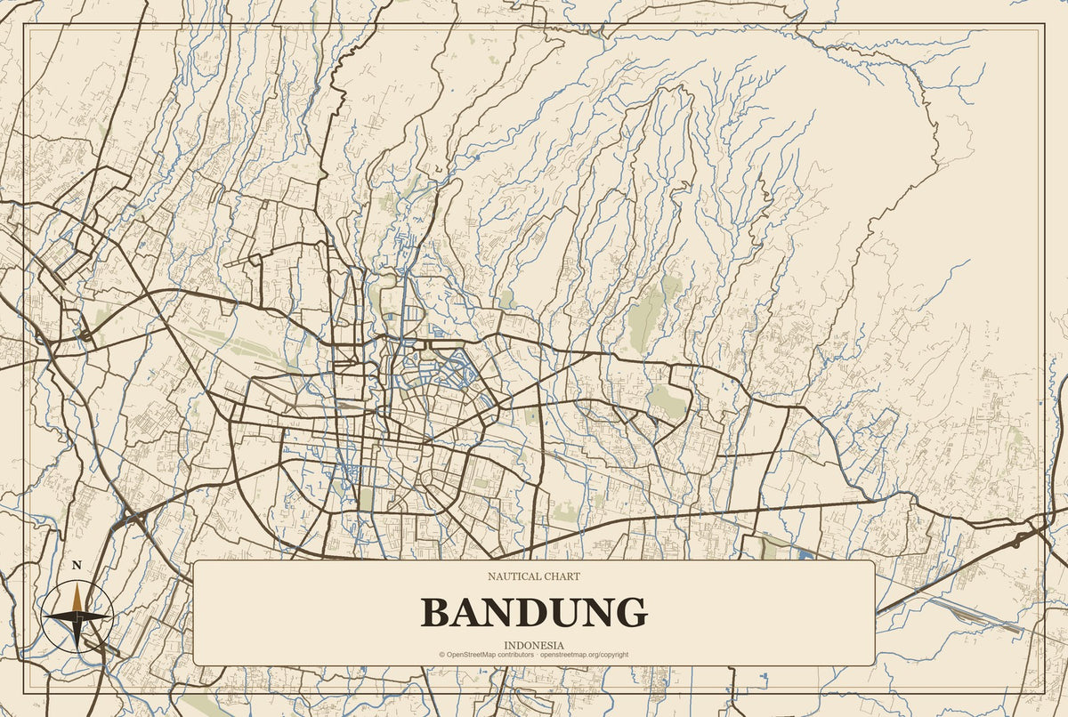 Bandung, Indonesia City Map Aluminum Sign in Heritage Nautical style