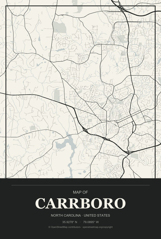 Carrboro, North Carolina City Map Aluminum Sign in Museum Plaque style