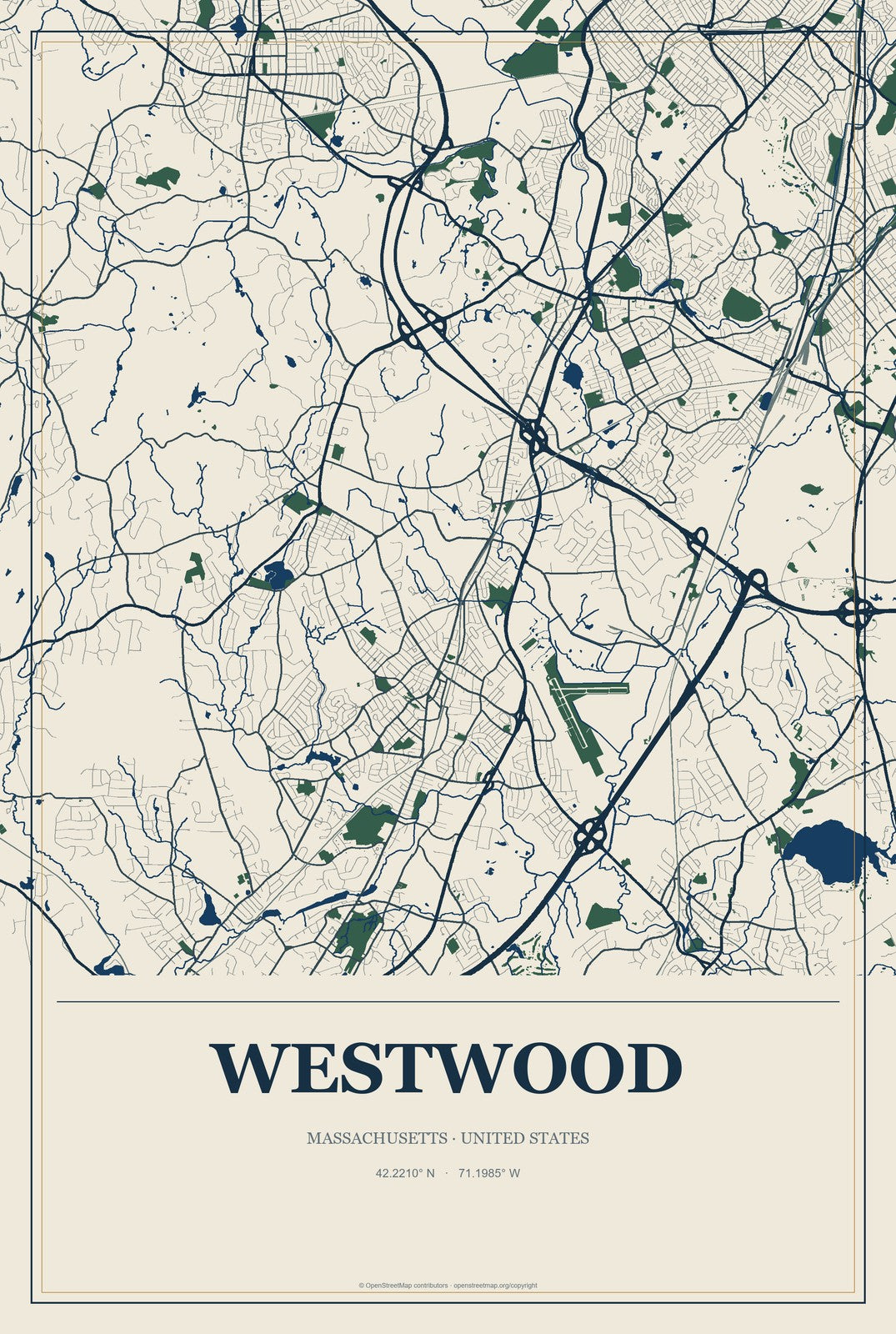 Westwood, Massachusetts City Map Aluminum Sign in Coastal Cutout style