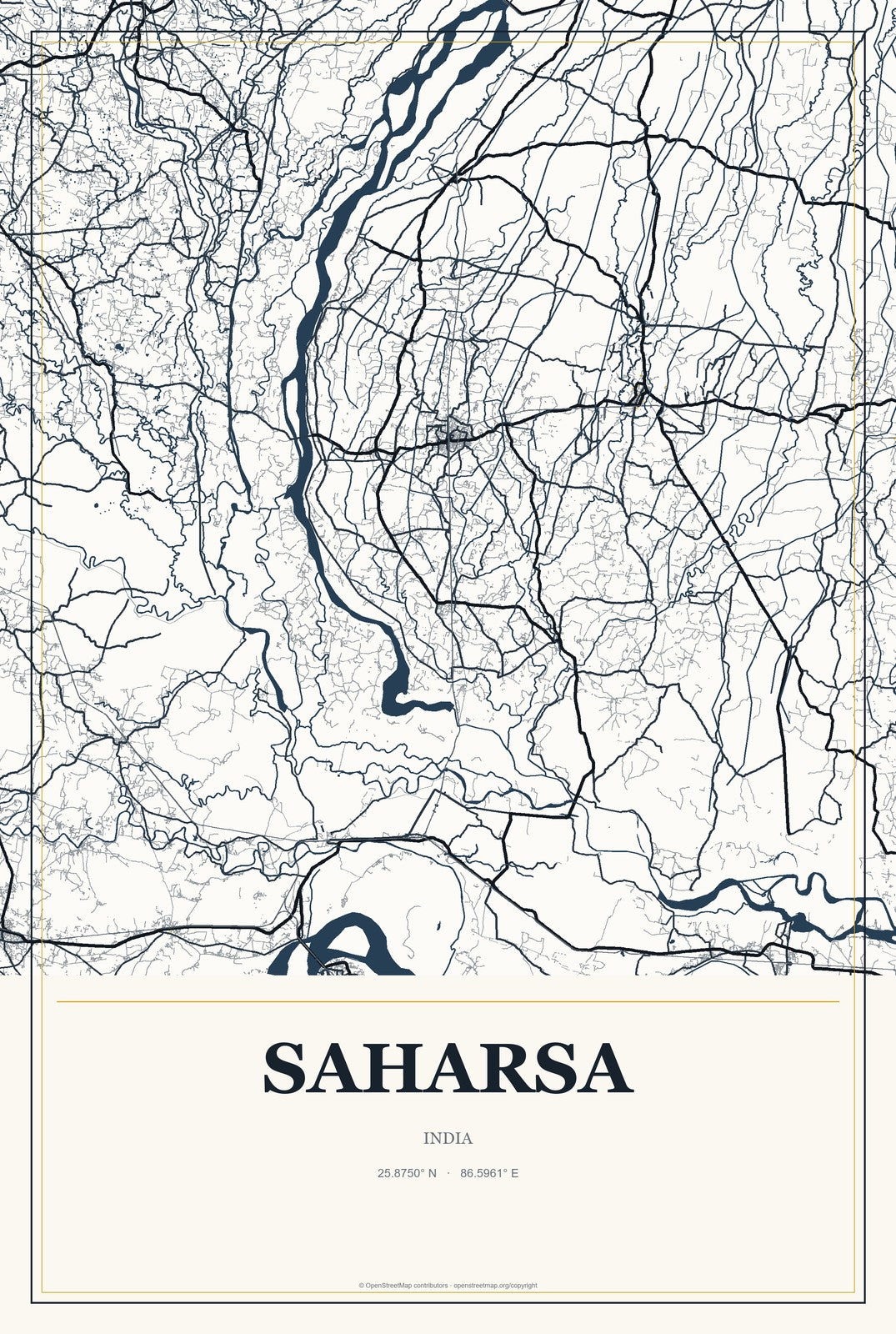 Saharsa, India City Map Aluminum Sign in Citrine Modern style