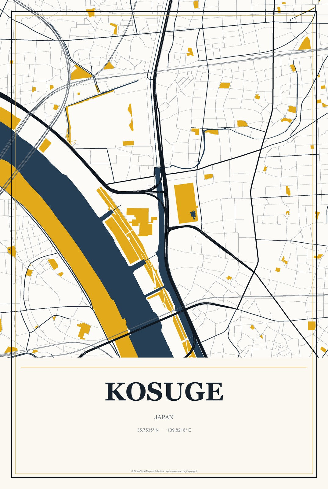 Kosuge, Japan City Map Aluminum Sign in Citrine Modern style