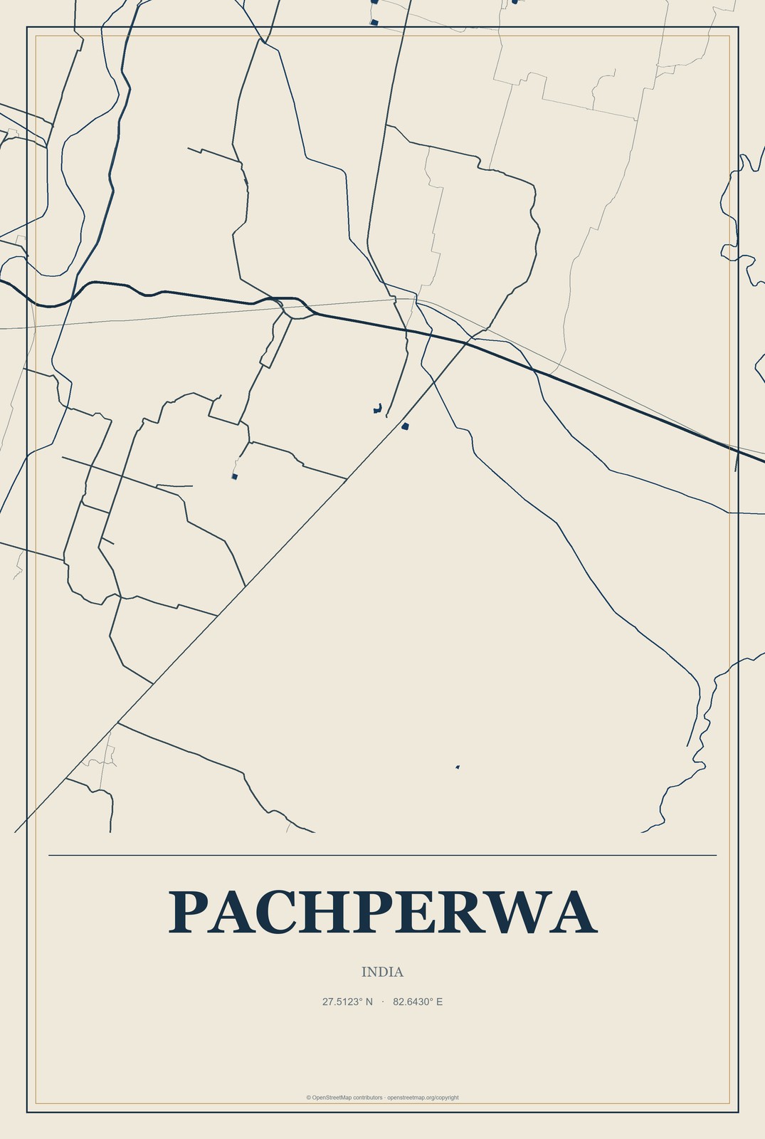 Pachperwa, India City Map Aluminum Sign in Coastal Cutout style